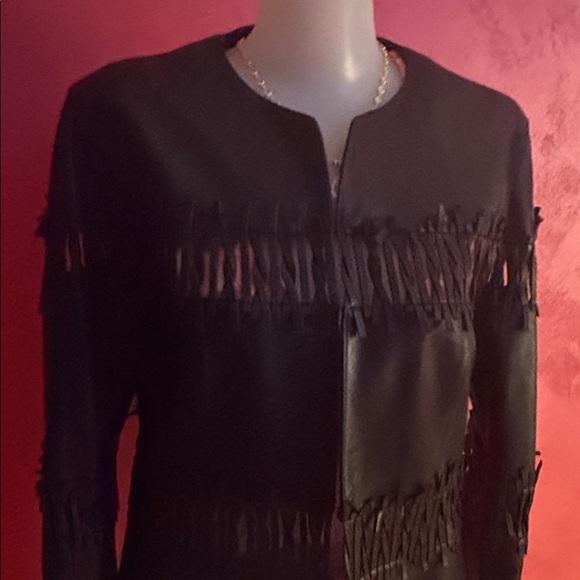 Lafayette 148 New York Black Leather Fringe Jacket - Picture 6 of 8